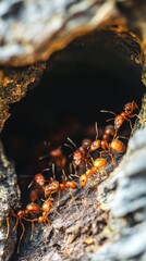 Colony of ants emerging from their nest in tree bark, bright light reflecting off their orange bodies