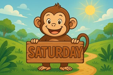 Happy monkey holding saturday sign in jungle landscape