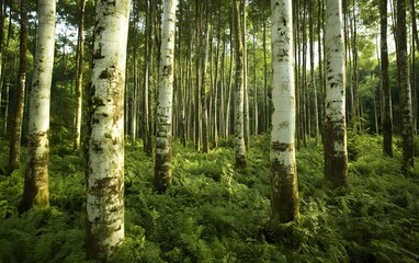 Obraz premium Lush Green Forest with Birch Trees and Ferns