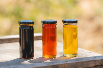 Glass jars with different types of honey on wooden surface outdoors
