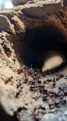Ants Building Home in Weathered Log, Cooperative Work, Close-Up View of Colony, Dark Tunnel Background