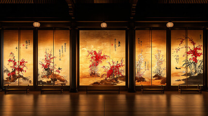 Elegant traditional japanese artwork display cultural center digital photography tranquil environment interior view artistic expression