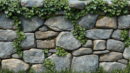 Natural stone wall covered with green ivy outdoor garden setting texture focus serene environment close-up perspective