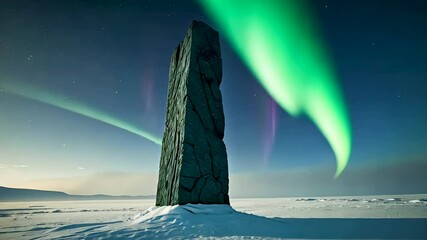 Aurora borealis glowing above ice-covered rock formation in polar landscape - Powered by Adobe