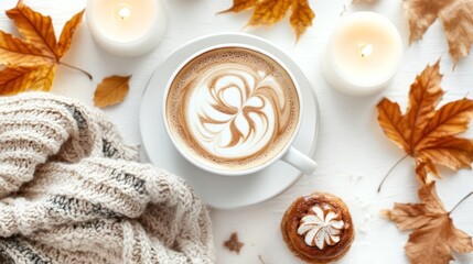 Cozy Autumn Still Life with Latte, Scarf, Leaves and Candle