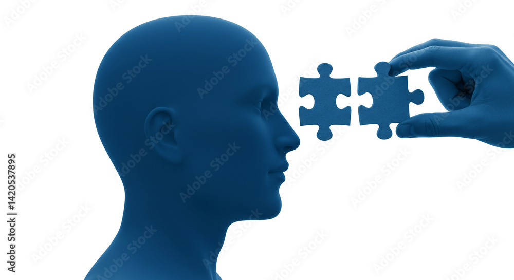 Poster completing the puzzle mind solution a symbolic image with a blue monochrome palette clean background