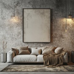 A white couch with brown pillows and a brown blanket on it. A framed white picture is on the wall