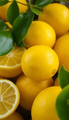 pile of lemons with leaves on top of them