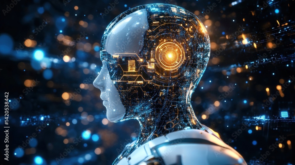 Poster futuristic ai humanoid: intricate circuitry and holographic display in profile, artificial intellige
