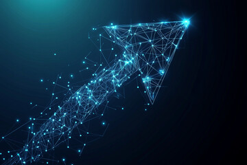 up arrow sign abstract low poly wireframe style. Abstract geometric background. Wireframe light structure. Modern 3d graphic concept on blue dark background