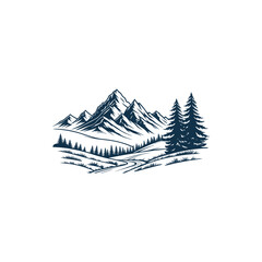 "Monochromatic Mountain Landscape with Evergreen Trees, Rolling Hills, and Serene Atmosphere"