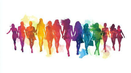 Colorful Women Silhouettes Walking Together Unity Rainbow Watercolor Style Group of Diverse Females Walking Holding Hands Positive Energy Female Empowerment Sisterhood Friendship Support Teamwork     