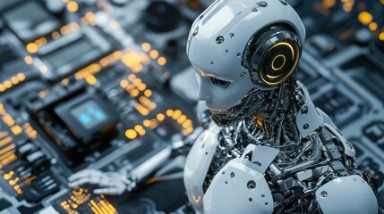 Fototapeta premium Advanced AI Robot Inspecting Complex Circuit Board with Precision in Futuristic Technology Lab