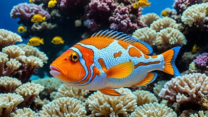 Swimming Orange and White Fish in Coral Reef Habitat Underwater Scene
