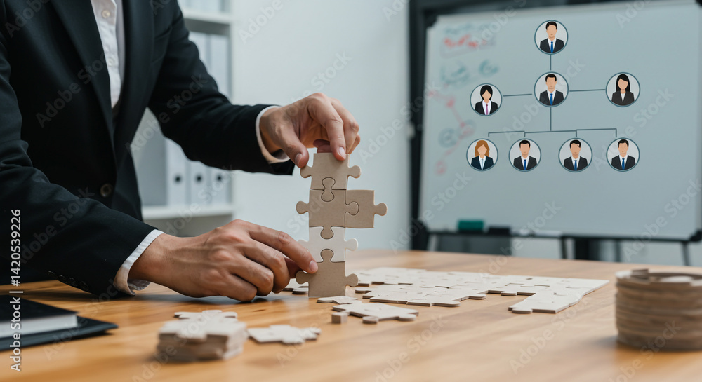 Aufkleber building a successful team solving puzzle pieces forming a strong organizational chart with soft