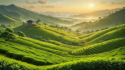 Tea Plantation Landscape with Traditional Building and Rolling Green Hills