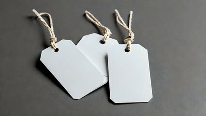 Three Blank White Tags with Twine on Dark Gray Surface