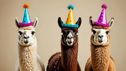 Three Funny Llamas Wearing Party Hats Celebrating a Special Occasion