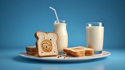 Toast and Milk Still Life on White Plate with Blue Backdrop
