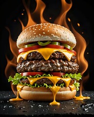 Towering Triple Cheeseburger with Melting Cheese and Flames Background