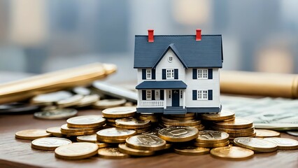 Toy House Standing on Gold Coins Representing Investment in Real Estate