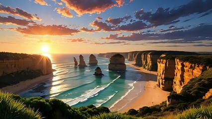 Twelve Apostles at Sunset Coastal Scene with Cliffs and Turquoise Water
