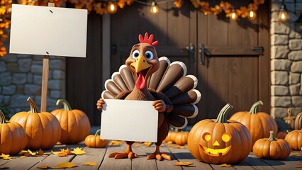 Turkey Holding Sign with Halloween Pumpkins and Fall Decorations Outdoors