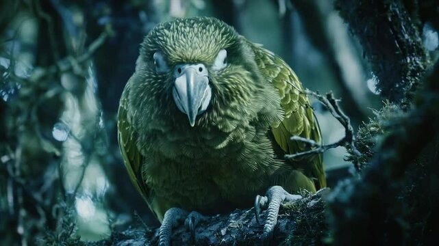 A close-up of a large, green parrot perched on a tree branch, staring intensely at the viewer in a dark, moody forest setting