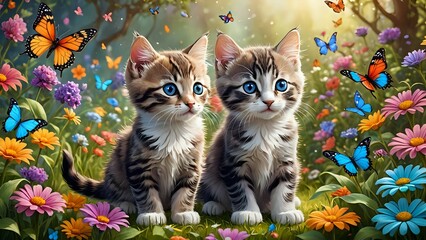 Two Adorable Kittens Sitting in a Flower Garden with Butterflies