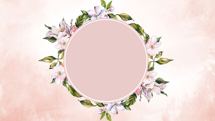 Watercolor illustration circle, apple tree branch with blooming pink flowers, green leaves, buds. Hand painted wreath circle botanical set perfect for invitations, cards, spring designs, and packaging