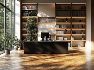 Desks near bookshelves panoramic open space.