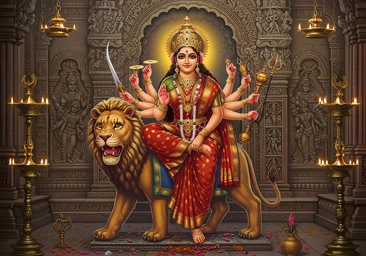 Divine Goddess Durga on Lion Hindu Deity, Multiple Arms, Indian Religion, Temple, Spiritual Art.