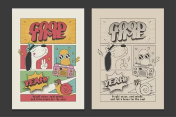 retro cartoon poster with cheerful characters in a pop art comic style, expressing peace, joy, and chill vibes, vector illustration