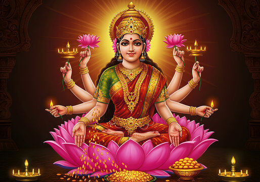 Indian Goddess Lakshmi - Prosperity, Wealth, and Lotus - Hindu Religious Iconography.