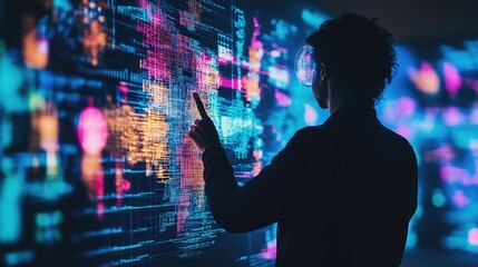 Person Interacting with a Luminous World Map Data Visualization