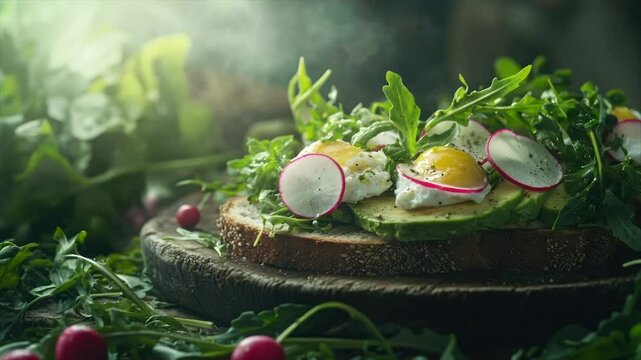 Avocado toast with poached eggs, radish, and arugula