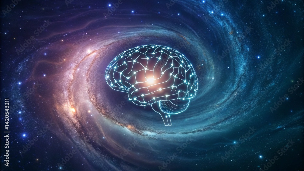 Wall mural glowing brain network in a swirling cosmic nebula. represents thought and the universe