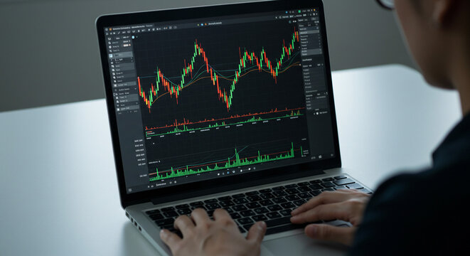 Analyzing stock market trends on laptop green and red candlestick charts dark screen focused trader