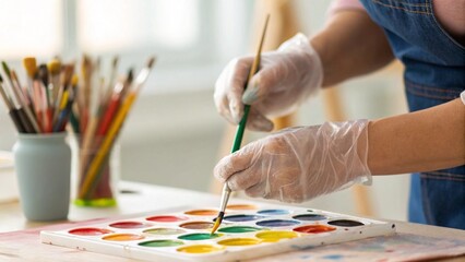 Naklejka premium Close-up of gloved hands mixing watercolors with brushes. Ideal for illustrating art and creative process