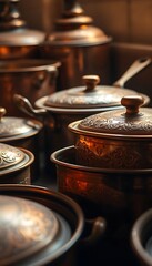 bunch of pots and pans sitting on a table