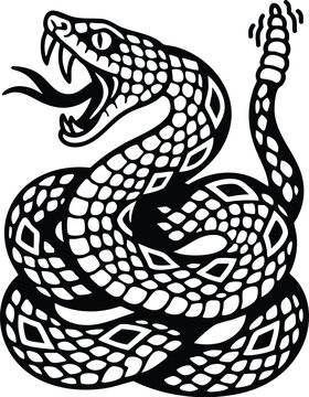 Snake American Diamondback rattlesnake vector illustration.  Fierce vector illustration of a diamondback rattlesnake coiled with fangs exposed, symbolizing danger and survival.