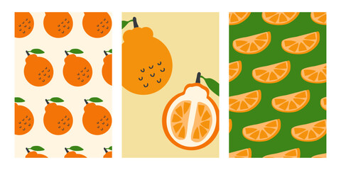 Hallabong korean citrus fruit vector posters set. Perfect background template for banner, card, label, sale. Hand drawn illustration.