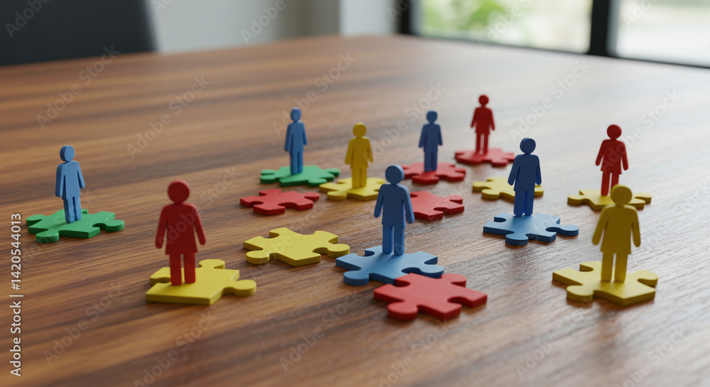 Poster colorful figures connect on puzzle pieces symbolizing teamwork unity collaboration and diversity on