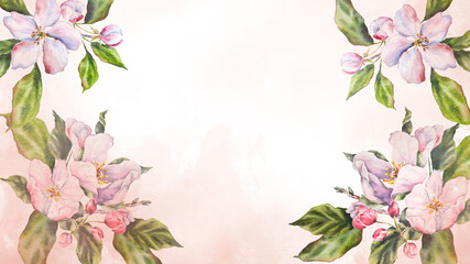 Watercolor illustration of an apple tree branch with blooming pink flowers, green leaves, buds. Floral banner. Hand painted botanical set perfect for invitations, cards, spring designs, and packaging