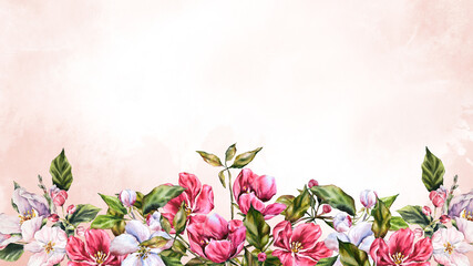 Watercolor illustration of an apple tree branch with blooming pink flowers, green leaves, buds. Floral banner. Hand painted botanical set perfect for invitations, cards, spring designs, and packaging