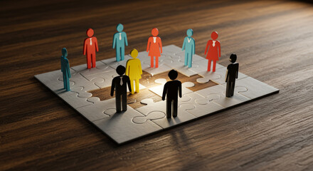 Obraz premium Team collaboration puzzle diverse figures unite solving problems together on a wooden table with