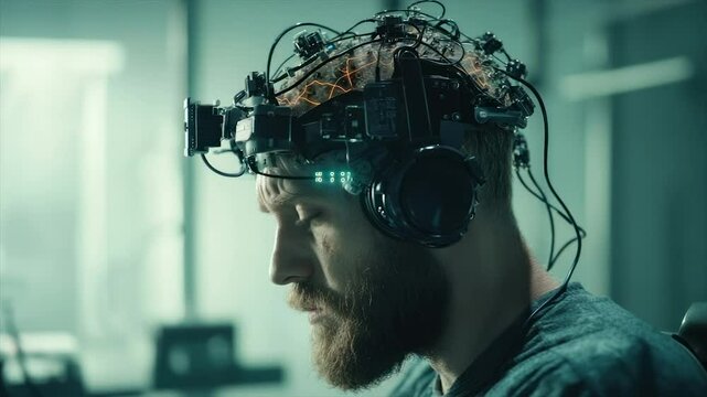 Man wearing a complex brain-computer interface