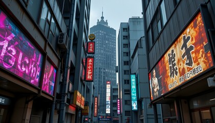 Obraz premium Rain-slicked chrome skyscrapers reflect vibrant neon lights in a decaying, futuristic Tokyo alleyway.