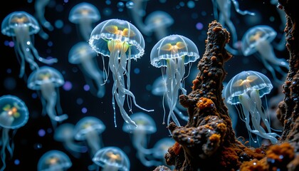 Bioluminescent siphonophores glow eerily in dark water, illuminating rocks with moss and mysterious light.
