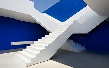 Obraz premium Modern White Staircase Blue Wall Minimalist Architecture Design